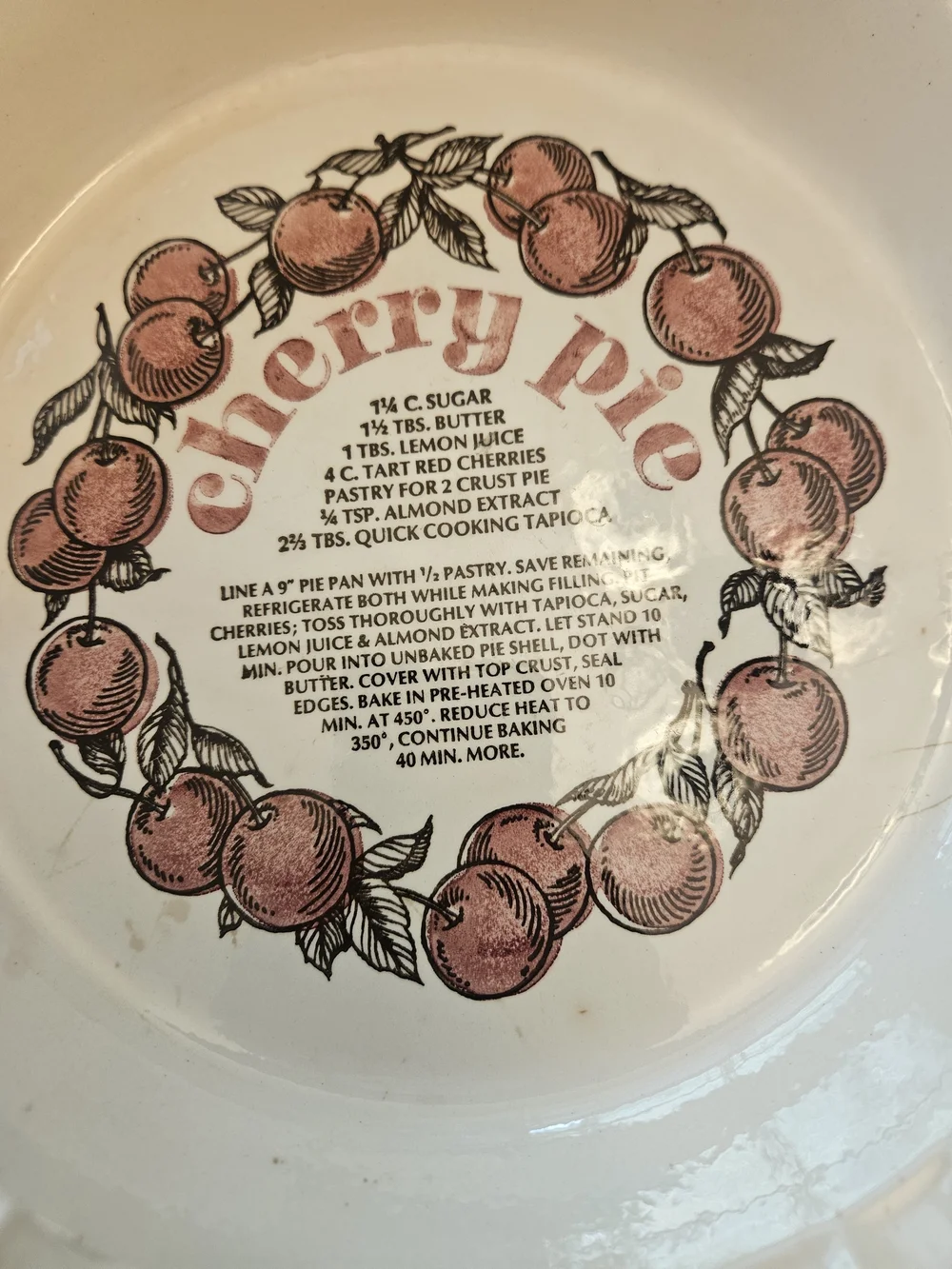 Vintage Ceramic Cherry Pie Pan with Recipe Graphic